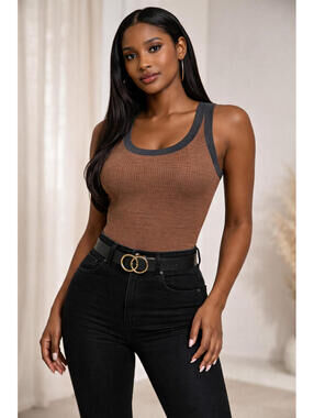 Julia Allert Ribbed Tank Top XS Brown Black Trim Fitted Sleeveless Knit Minimali